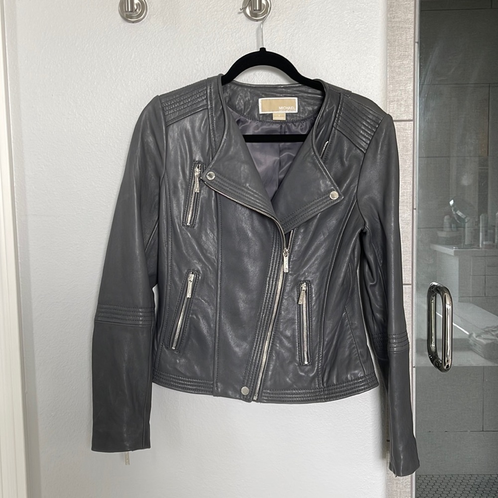 Like New Michael Kors Gray Leather Jacket - Small